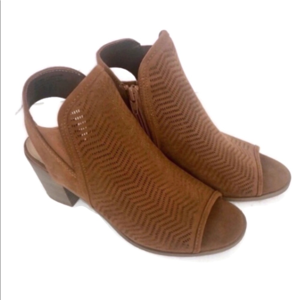 Brown Laser Cut Ankle Booties with Chunky Heel